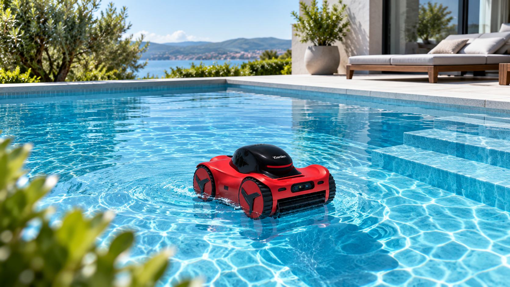 iGarden M1 Pro vezeték nélküli medencetisztító robot modern medence tisztítása közben